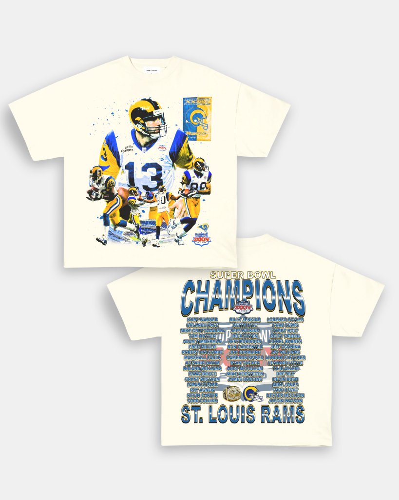 週末セールChampionRAMS 66 ユニフォーム LサイズビンテージUSA super-bowl-xxxiv-champs-rams-